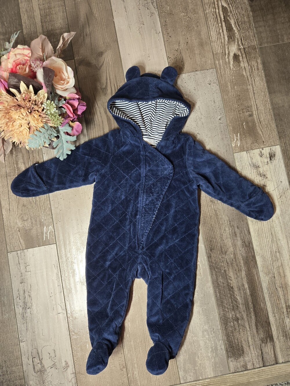 Quiltex Navy Blue Quilted Hooded Baby One‑Piece with Ears – Size 6/9 Months